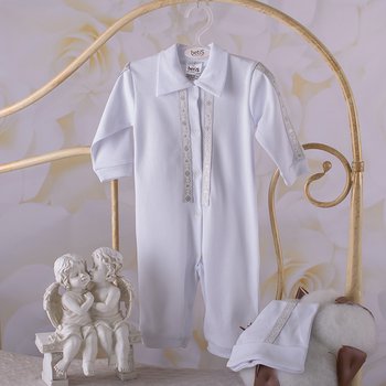 Нарядный костюм 3 предмета комбинезон + шапочка + пинетки на крещения Тимофей 1 серебро с длинным рукавом