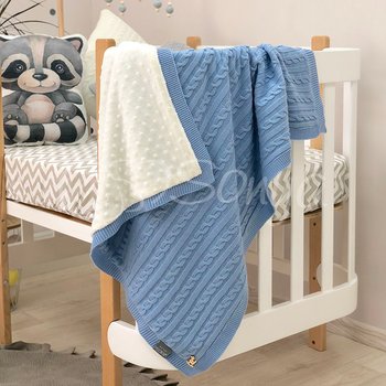 Двосторонній теплий в'язаний плед для малюків та новонароджених у ліжечко або коляску блакитний