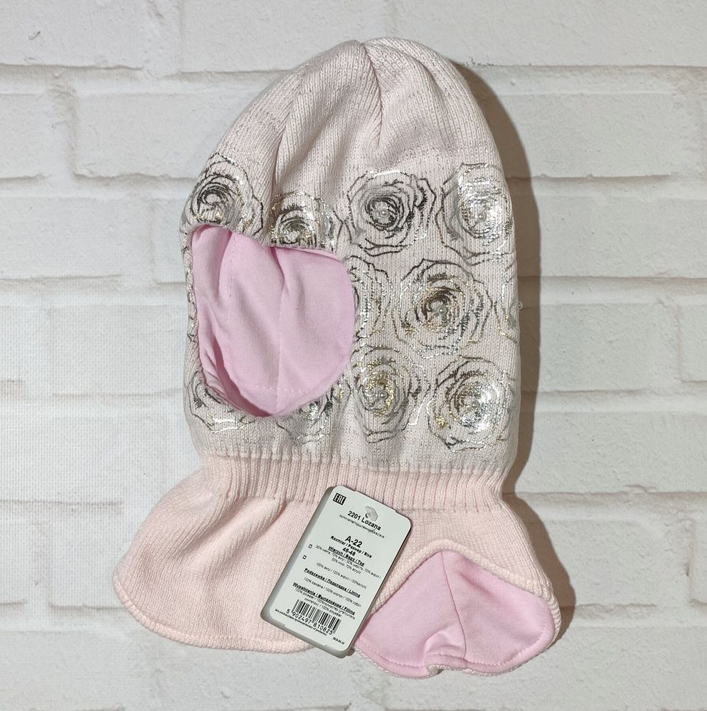Зимняя шапка-шлем СЕРЕБРИСТЫЕ РОЗЫ-4 для девочки, обхват головы 46 - 48 см, Вязаное полотно