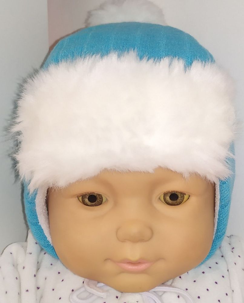 Детская теплая зимняя шапочка для малышей и новорожденных ПУШОК бирюзовая