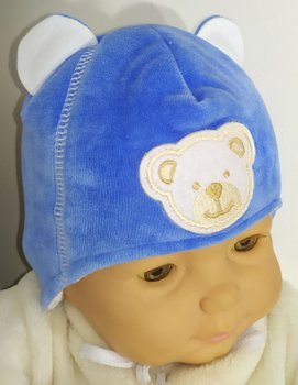 Утеплена велюрова шапочка для малюків та новонароджених Мішутка синя