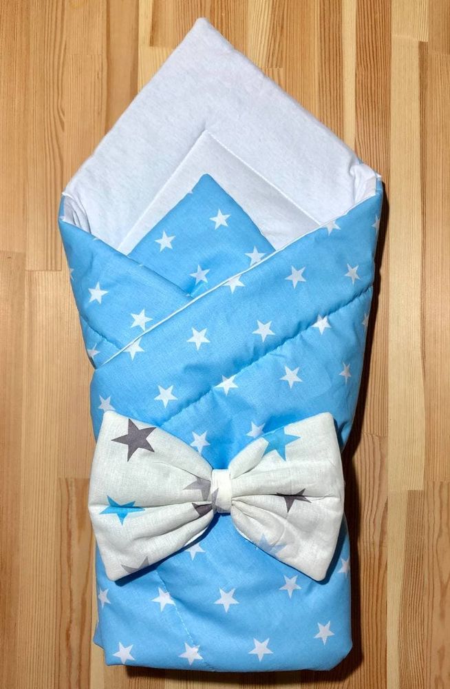 Набор для новорожденного Голубые Звезды: позиционер + плед - конверт + подушечка, Голубой, кокосовый, с подушечкой, Коконы стандарт