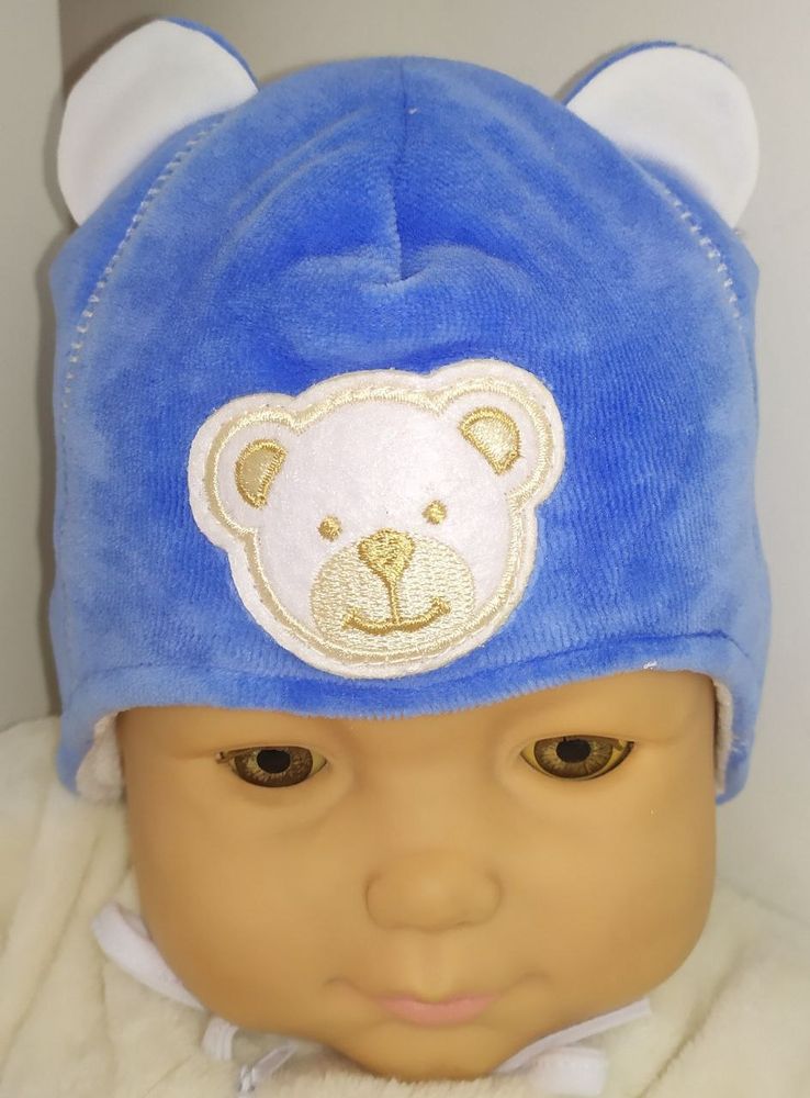 Утепленная велюровая шапочка для малышей и новорожденных Мишутка синяя
