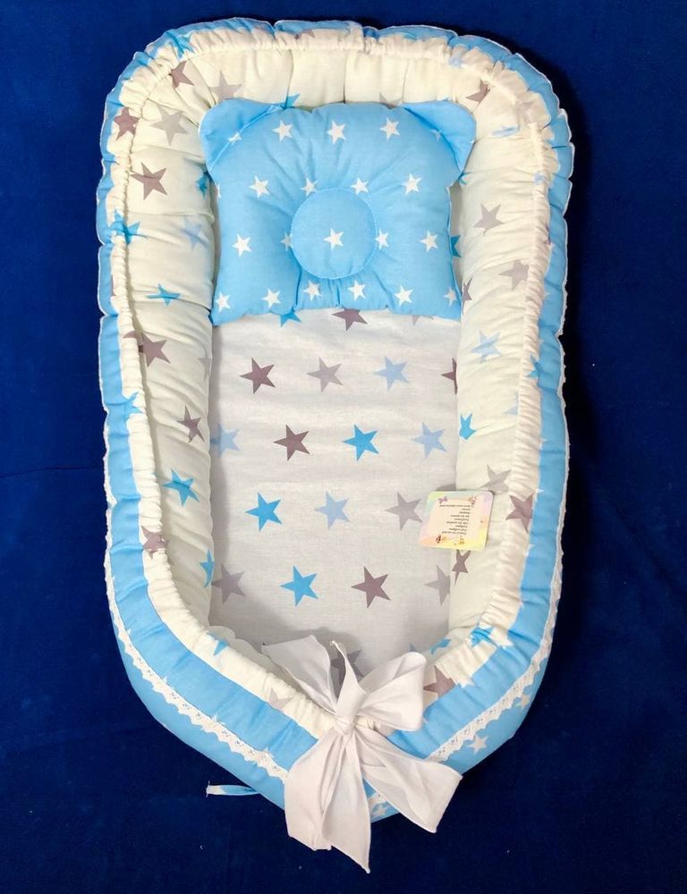 Набір для новонародженого Блакитні Зірки: позиционер + плед - конверт + подушечка, Блакитний, кокосовий, з подушечкою, Коконы стандарт