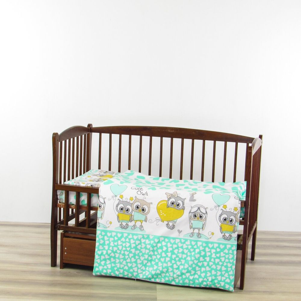 Комплект в дитяче ліжечко для новонароджених 6 предметів Сови мятні