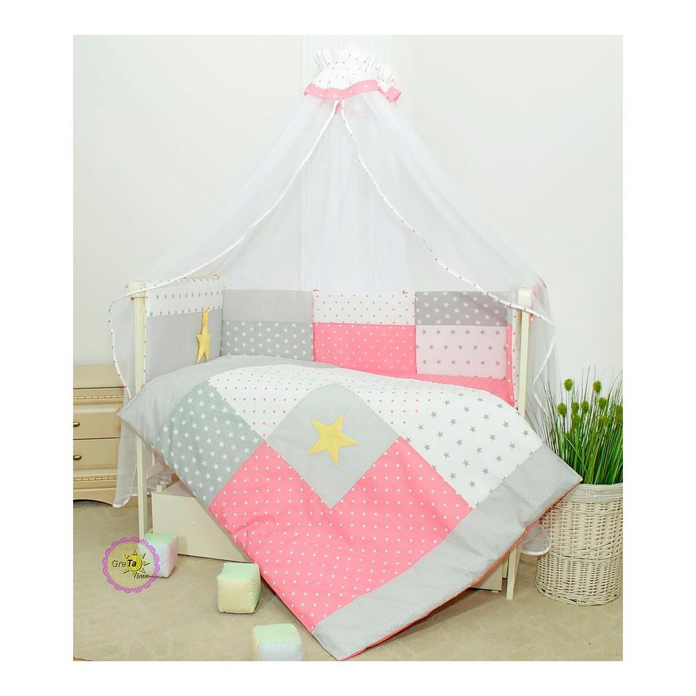 Постільний комплект в ліжечко Зоряне Сяйво рожевий 8 подушечок, без балдахіна