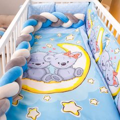 Постельный комплект Мишки на месяце в кроватку с бортиками голубая КОСА + ПОДУШКИ