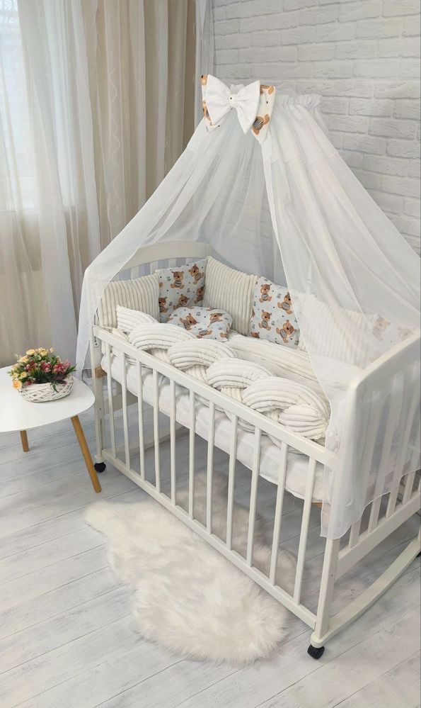 Постільна білизна в ліжечко для новонародженого з бортиками та балдахіном + коса Ведмедик полосатик