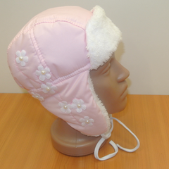 Детская утепленная шапка для девочки Цветочек розовая, Розовый, обхват головы 48