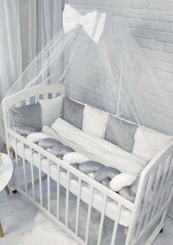 Дитячий постільний набір у ліжечко для новонароджених з балдахіном та бортиками Мінки + бортики коса сірий