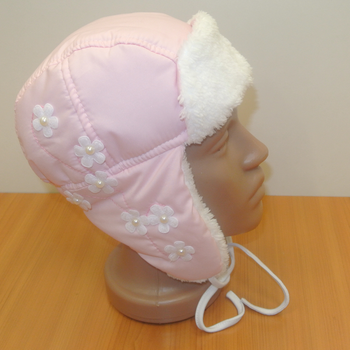 Детская утепленная шапка для девочки Цветочек розовая, обхват головы 48 см