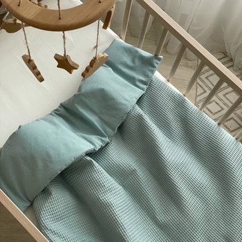 Теплий стильний плед для малюків та новонароджених у ліжечко та коляску вафля+жатка м'ята