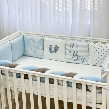 Захисні борти в ліжечко новонародженим на 4 сторони подушки + коса Geometry blue