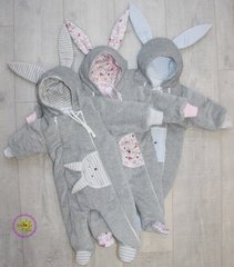 Утепленный велюровый комбинезон для новорожденного Зайчонок с ушками, Серый, 62, Велюр