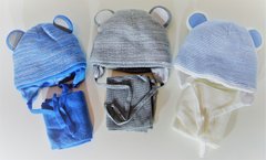 Теплая вязаная шапочка Мишутка для новорождённого , Голубой меланж, обхват головы 38-40 см, Вязаное полотно, Шапка