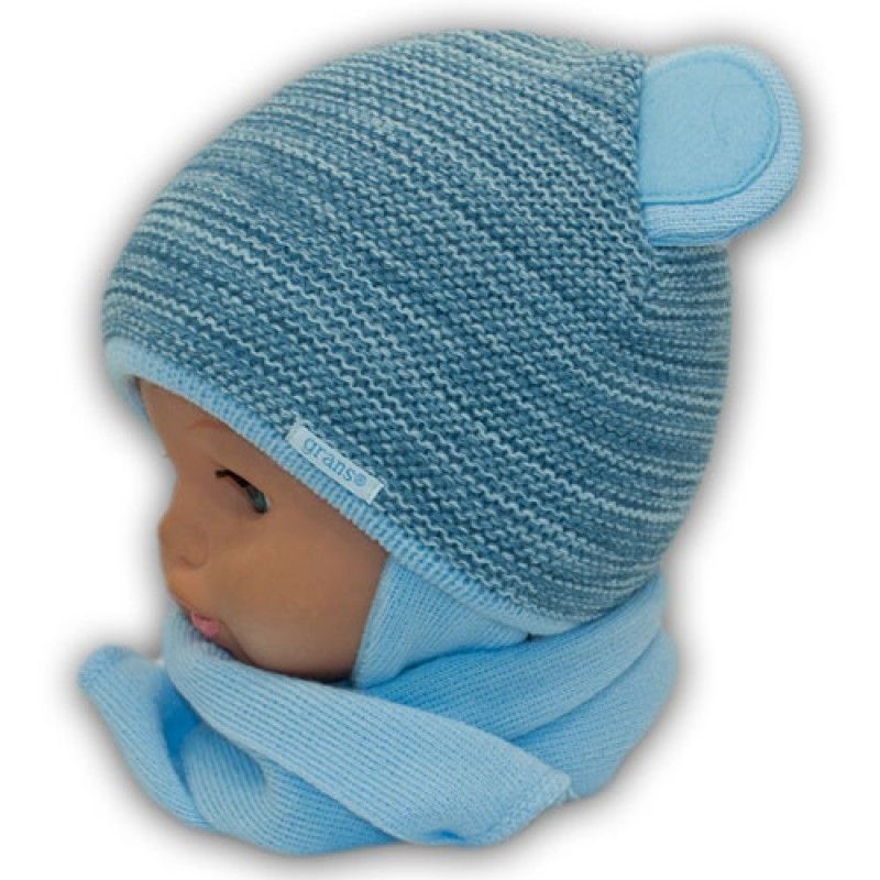 Теплая вязаная шапочка Мишутка для новорождённого , обхват головы 38 - 40 см, Вязаное полотно, Шапка