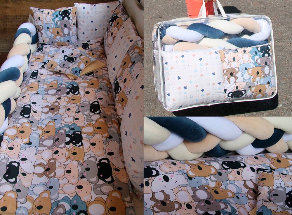 Спальный комплект КОАЛЫ для новорожденных бортики Коса + 8 подушек