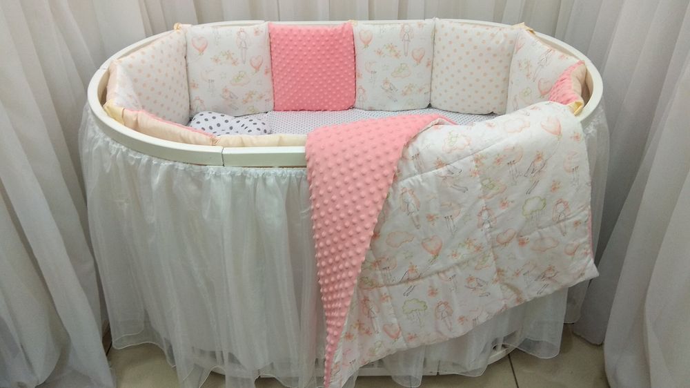 Комплект постельного белья в круглую-овальную кроватку с бортиками Зайка пудра