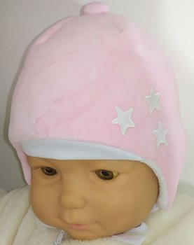 Теплая велюровая шапка на синтепоне для малышей Звездочка розовая, обхват головы 46 см, Шапка
