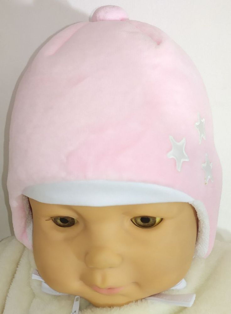 Теплая велюровая шапка на синтепоне для малышей и новорожденных Звездочка розовая