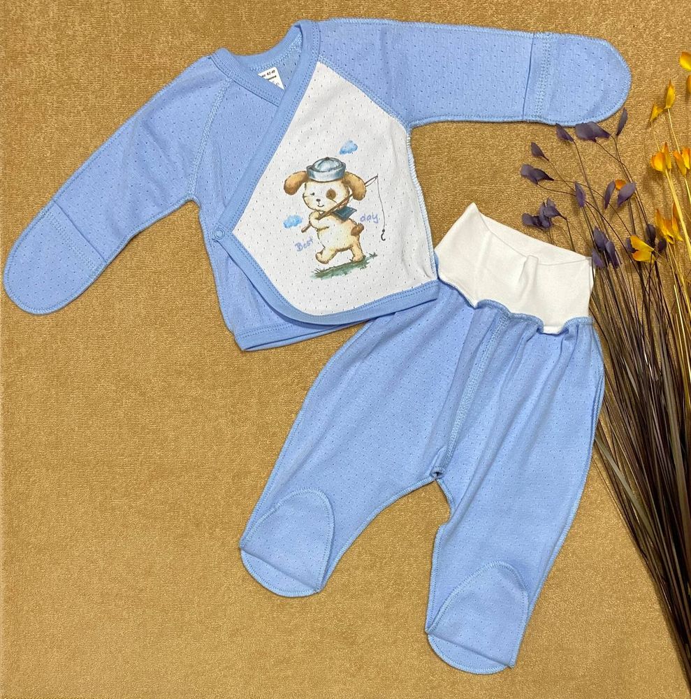 Комплект одягу для немовлят Малюк блакитний в дирочку на літо