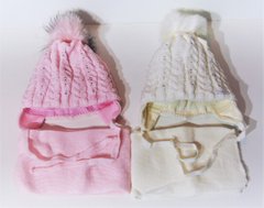 Теплая вязаная шапочка Малютка + шарфик, Молочный, обхват головы 40-42 см, Вязаное полотно, Шапка