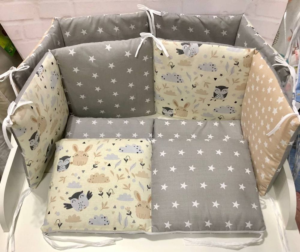 Защитные бортики в кроватку Зверюшки со Звездами для новороженных, 90х120 см, бортики с постелью