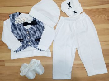 Хрестильний комплект для малюків Стиляга 6 предметів: кофта на кнопках спереду, штанці, жилет, шапочка, царапки, пінетки-туфельки
