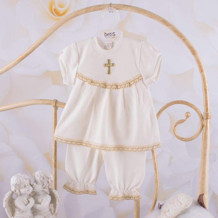 Крестильный костюм Марія молочный с золотым крестиком, 56, Интерлок, Костюм, комплект, Для девочки