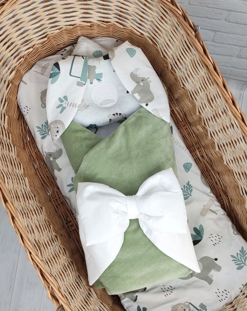 Всесезонный конверт на выписку - набор в коляску новорожденным Оливка: одеяло + бант + ортопедическая подушка + простинь на резинке