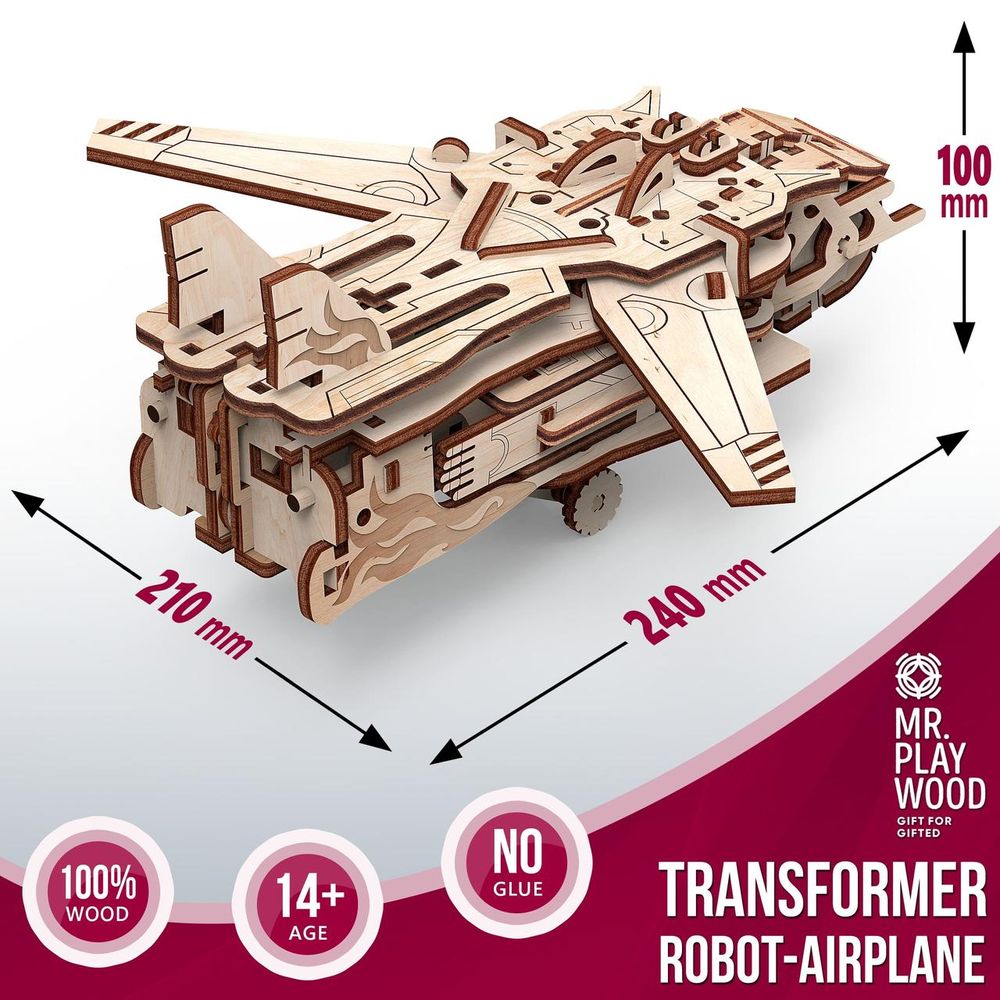 Фото, купити Трансформер робот-літак механічна дерев'яна 3D-модель, ціна 510 грн