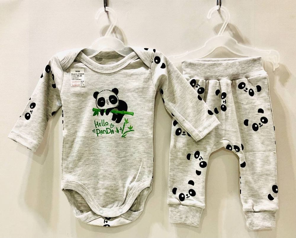 Комплект для новонароджених Панда боді + штанці інтерлок сірий меланж