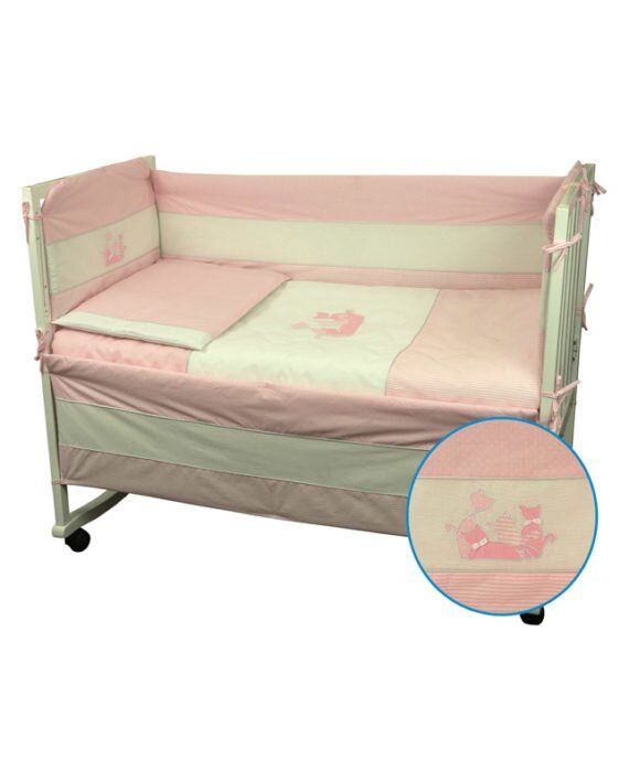 Защита в кроватку + постельный набор Котик розовый, 110х145 см, бортики с постелью
