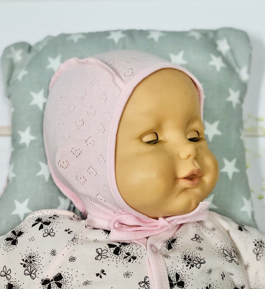 Шапочки для немовлят Ажурні Серденька рожеві, обхват голови 36 см, Рібана