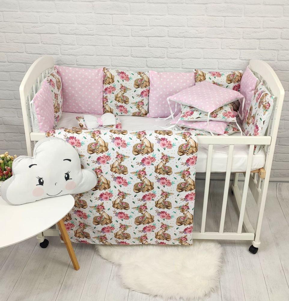 Красивый детский постельный комплект в кроватку для новорожденных с бортиками Облако Оленя