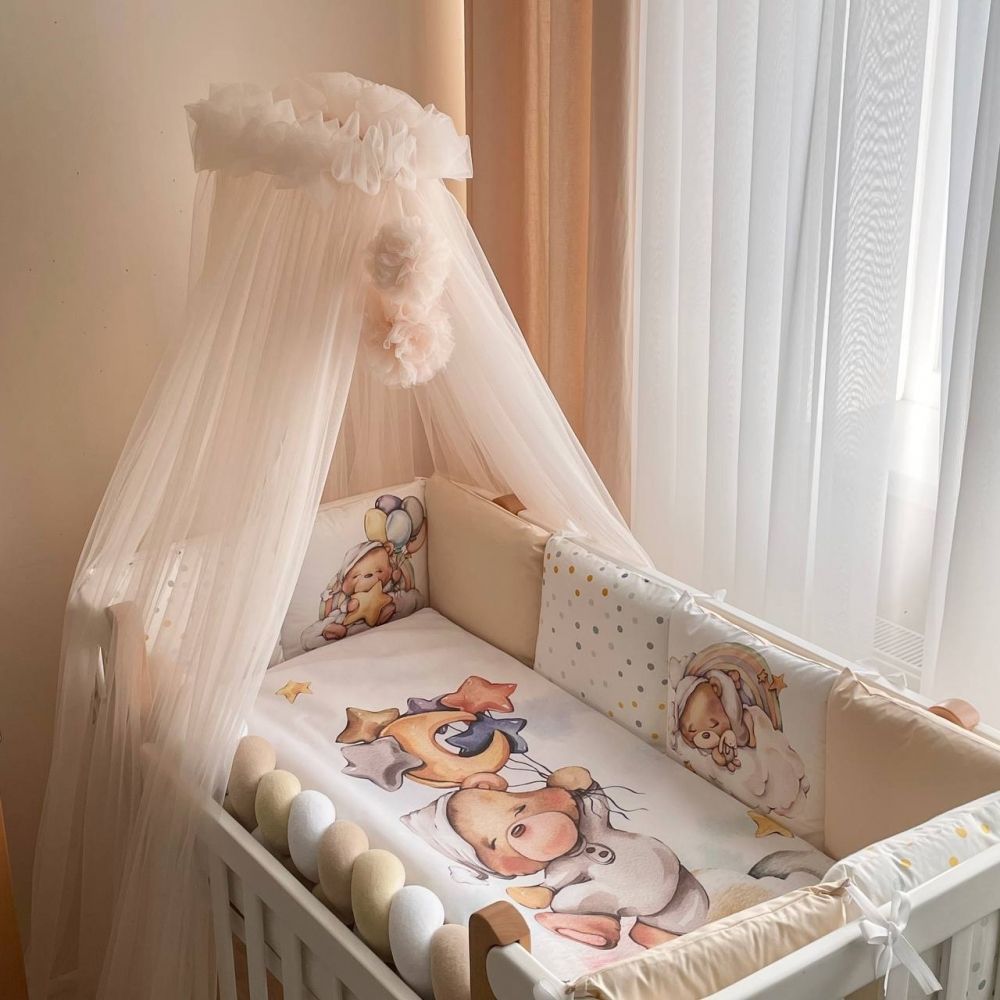 Постіль новонародженим з бортиками Ведмедики бежеві, с балдахіном