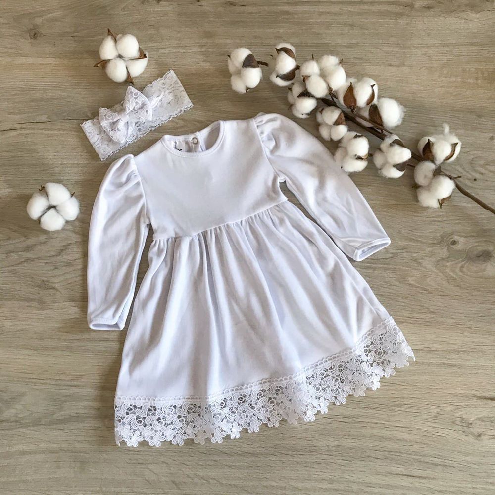 Нарядное платье + повязка для девочки Ажурні Квіти белый трикотаж интерлок