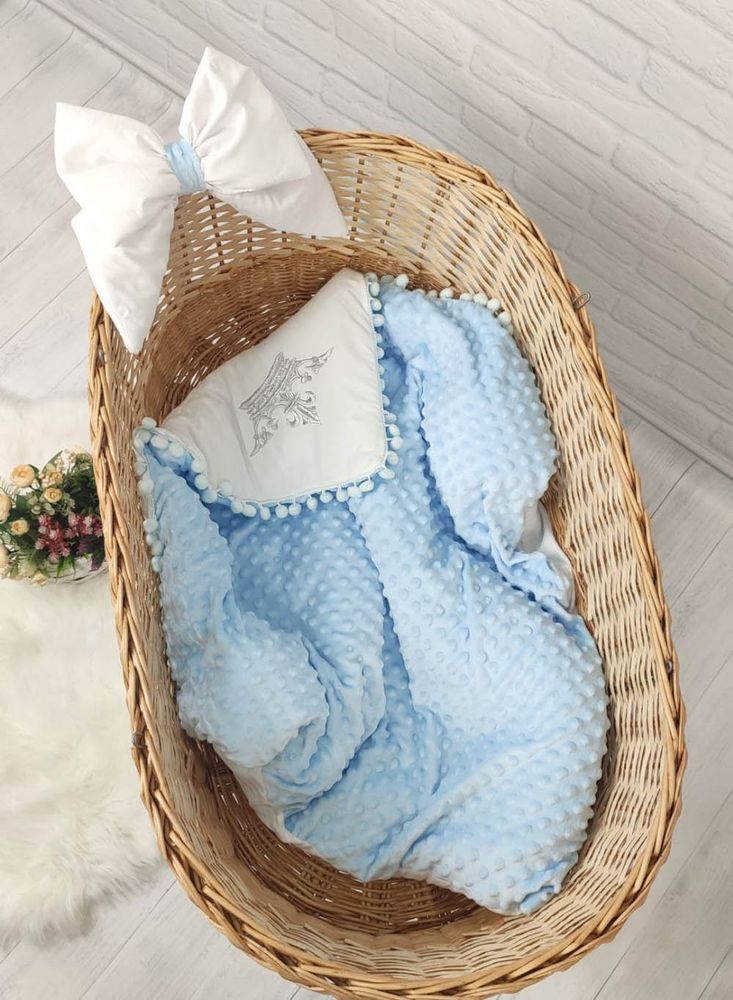 Конверт плед для новорожденного Корона Минки голубой