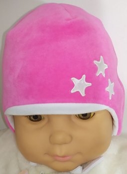 Теплая велюровая шапка на синтепоне для малышей и новорожденных Звездочка малиновая