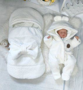 Теплый комплект на выписку Баранчик Тедди белый Конверт - Кокон, комбинезон, шапочка, 0-4 месяца, Барашек Тедди, Модели унисекс