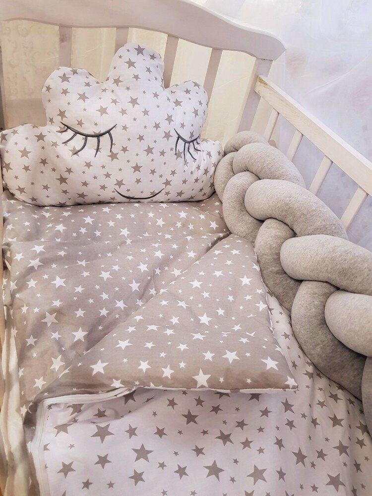Дитяча постільна білизна в ліжечко Облако + Коса сірі зірки