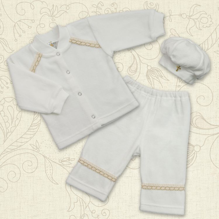 Хрестильний велюровий костюм для хлопчика Святік-2 молочний