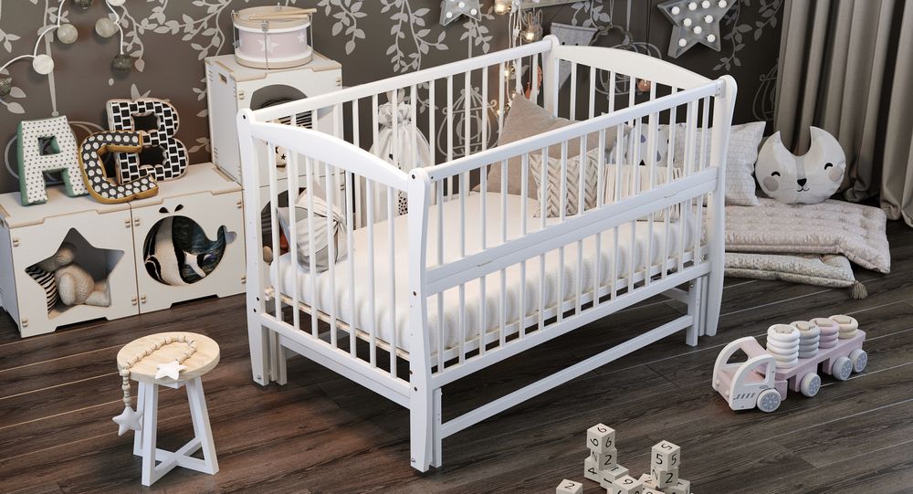 Біле ліжечко Люкс 120*60 см з маятником для немовляти, Білий