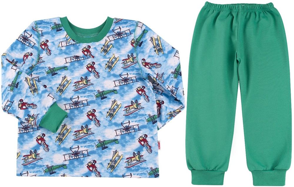 Байковая детская пижама Літачки голубая с зеленым
