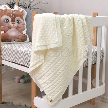 Двосторонній теплий в'язаний плед коса для малюків та новонароджених у ліжечко або коляску молочний