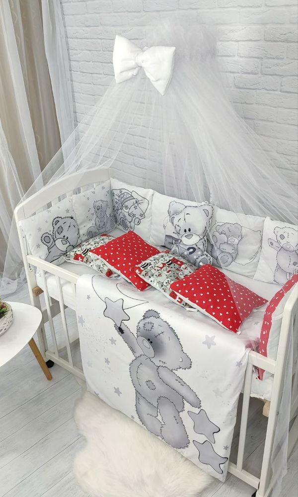 Детское постельное для новорожденных Teddy с красным, с балдахином
