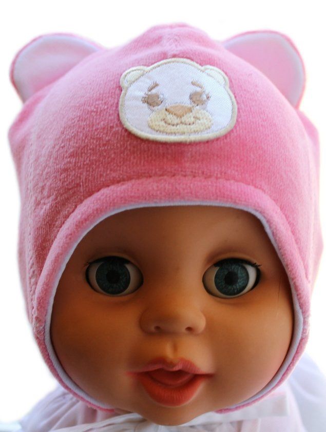Шапочка велюрова МИШУТКА рожева на хб підкладці без утеплювача для малюків і новонароджених