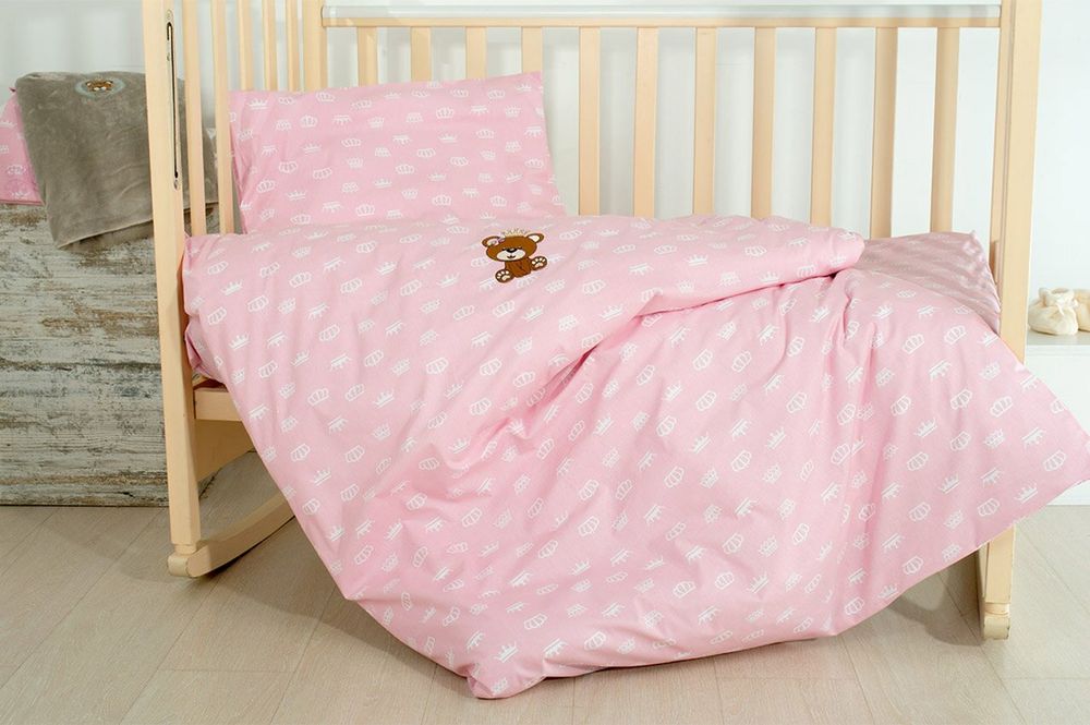 Подарочный набор Мишка с короной постельное белье розовое + плед фото, цена, описание