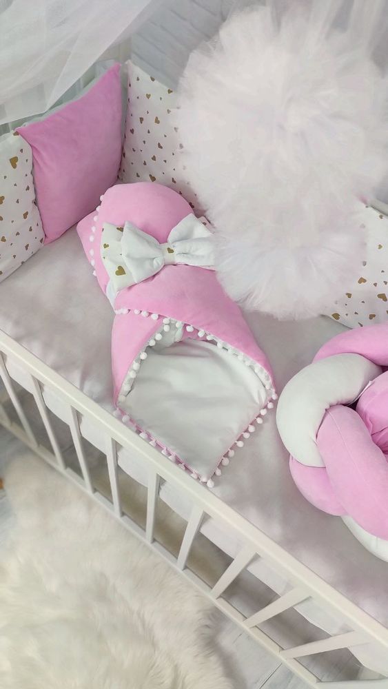 Детский комплект постельного белья в кроватку для новорожденных с балдахином Жемчужина розовый