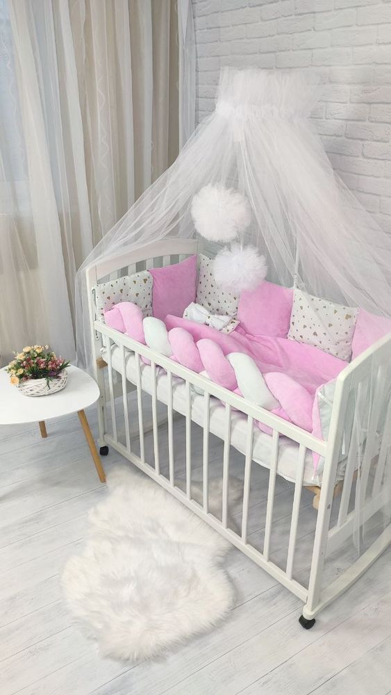 Комплект в кроватку новорожденным с балдахином Жемчужина розовый, с балдахином